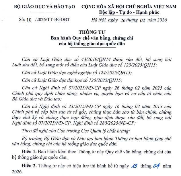 Ban hành Thông tư 10/2026/TT-BGDĐT về Quy chế văn bằng, chứng chỉ của hệ thống giáo dục quốc dân