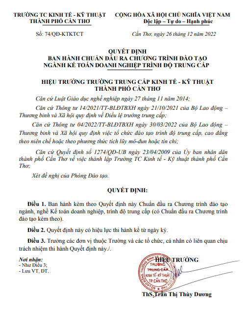 CHUẨN ĐẦU RA NGHỀ KẾ TOÁN DOANH NGHIỆP – TRÌNH ĐỘ TRUNG CẤP