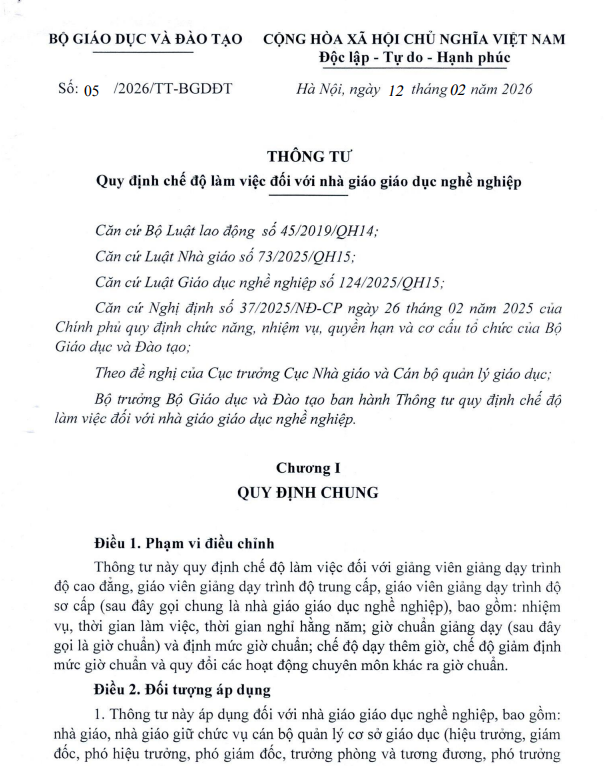 Ban hành Thông tư 05/2026/TT-BGDĐT quy định chế độ làm việc của nhà giáo giáo dục nghề nghiệp